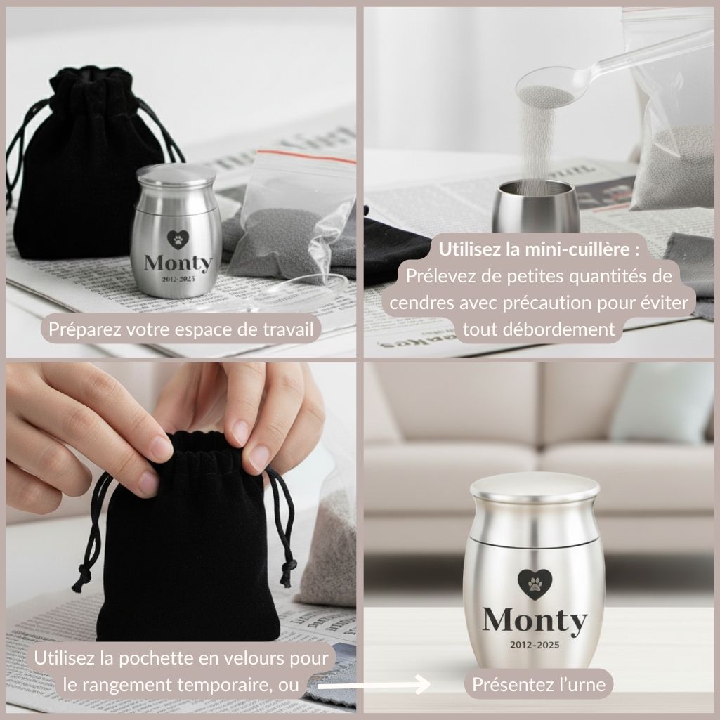 Guide visuel en quatre étapes montrant comment remplir une petite urne commémorative argentée pour un animal nommé 'Monty' à l’aide d’une mini-cuillère et d’une pochette en velours